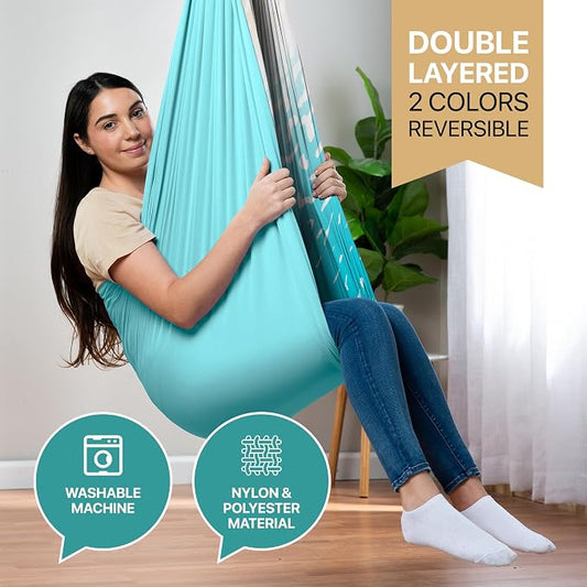Indoor Sensory Swing for Kids or Outdoor – Holds 300lbs, Double-Layer, & 360° Swivel, Calming Compression Therapy Swing Hammock for Kids & Adults with All Hardware – Sensory-Motor Toys & Gifts