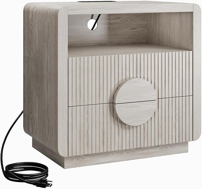 23" Wide Fluted Nightstand, Mid Century Bedside Table with Charging Station, Wood End Table with 2 Drawers and Open Shelf for Bedroom, Home Office, Gray Oak