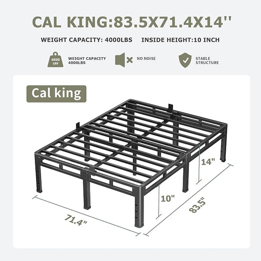 NKZ California King Bed Frame 14 Inch, Metal Bed Frame & Box Spring 2 in 1 Platform with Round Corner Legs, 4000lbs Weight Capacity Reinforced Metal Frame, Headboard Hole, Noise-Free, Easy Assembly