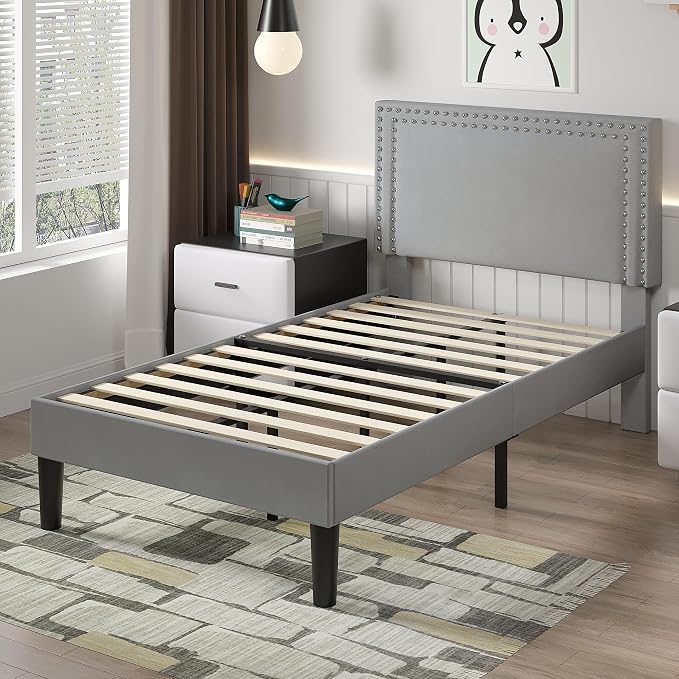 VECELO Twin Size Platform Bed Frame with Height Adjustable Upholstered Headboard, Modern Mattress Foundation,Strong Wood Slat Support, No Box Spring Needed, Easy Assembly,Light Grey