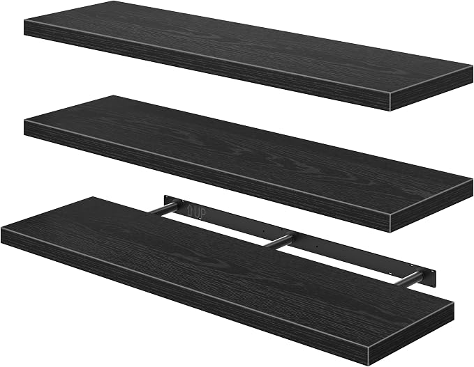 QEEIG 12" Deep Floating Shelves for Wall - 12 x 48 inch Book Shelf Bathroom Bedroom Kitchen Living Room Hanging Bookshelf Farmhouse Set of 3, Black (026-120B3)