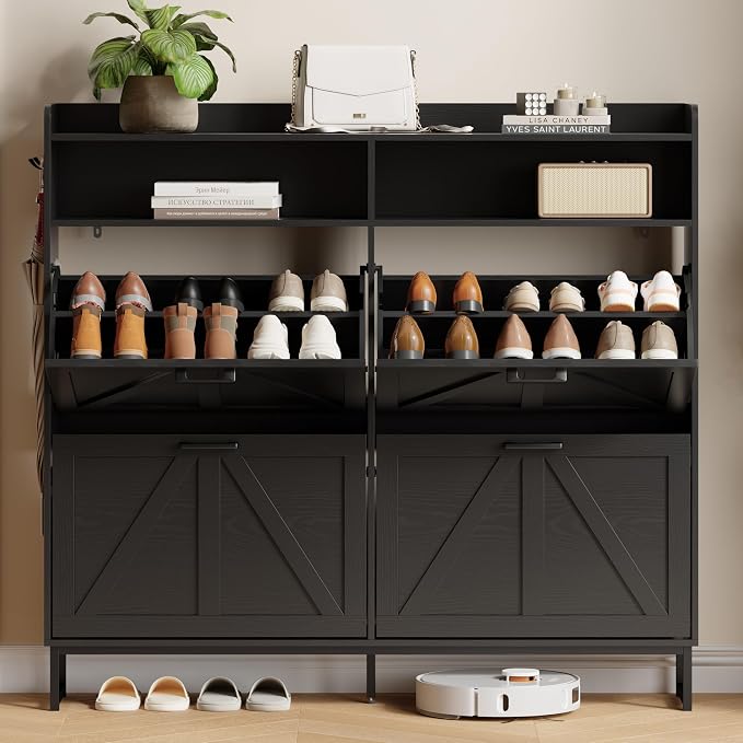 Shoe Cabinet with 4 Flip Drawers, Freestanding Hidden Shoe Storage Organizer for Entryway, Narrow Slim Shoe Rack Cabinet with Open Storage & Hooks for Front Door Entrance, Living Room, Hallway, Black
