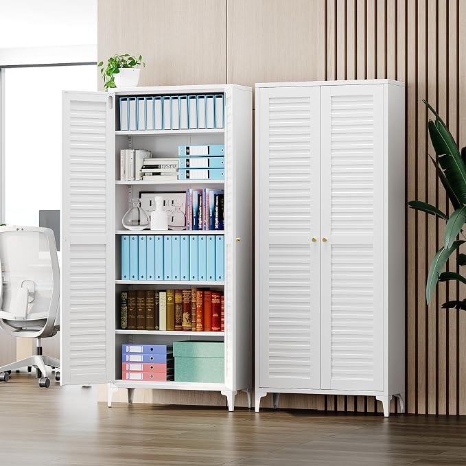 Metal Kitchen Pantry Cabinet with 2 Doors,Metal Pantry Cabinet with 5 Adjustable Shelves for Kitchen,Home,74.2" H × 31.5" W × 15.75" D,Required Assembly, White