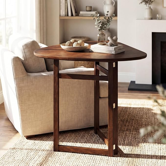 Giantex 31.5" Folding Dining Table for 2-3, Drop Leaf Kitchen Table with Triangular Top & Solid Rubber Wood Frame, Space-Saving Dinner Table for Dinette, Small Space, Restaurant, Walnut