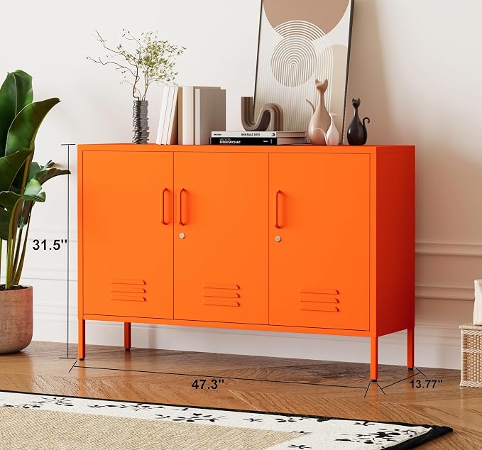 Orange Metal Storage Cabinet 3 Door Wide Metal Storage Cabinet 2 Layer Adjustable Shelves 32 "H Wide Steel Lockable Storage Cabinet Multipurpose Metal Accent Cabinet for Office/Home/Dining