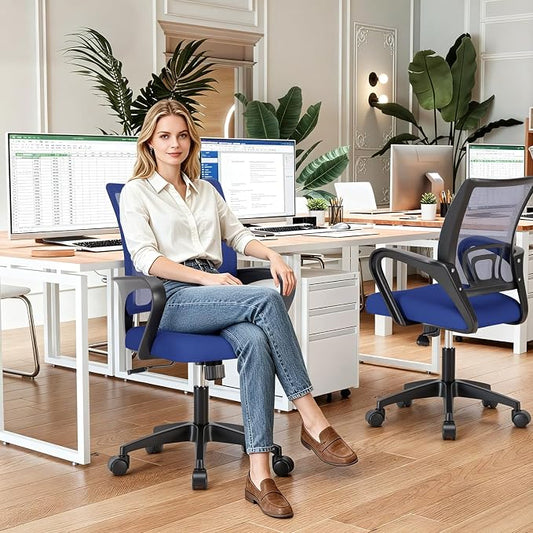 BestOffice | Ergonomic Office Chair | Mid-Back Swivel Desk Chair | Breathable Backrest & Lumbar Support | Adjustable Height | Sponge Seat | Rolling Wheels | Blue | for Adults & Women