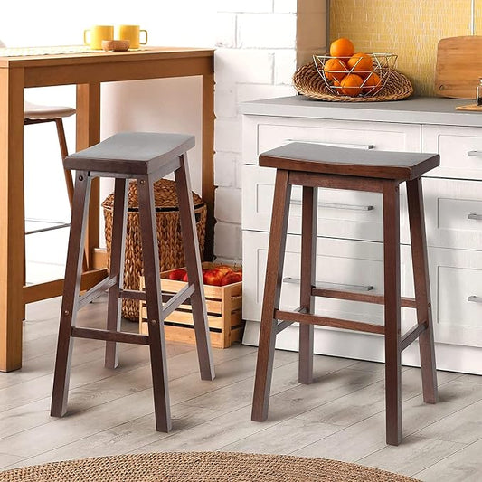 PJ Wood Classic Saddle-Seat 24'' Tall Kitchen Counter Stool for Homes, Dining Spaces, and Bars with Backless Seat, 4 Square Legs, Walnut (2 Pack)