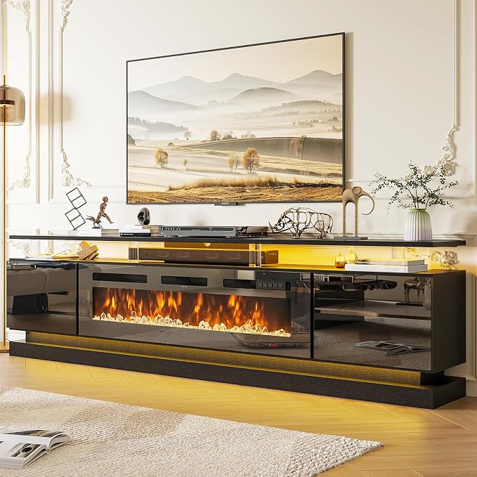 90" Fireplace TV Stand, Modern Entertainment Center for TVs Up to 100”, TV Console with Storage Cabinets, Media Console for Living Room, WiFi Enable Black TV Stand and Black Fireplace