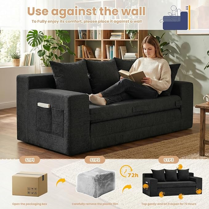 Boneless Couch Sofa Bed, 70'' Convertible Tri-Folding Futon Sleeper with Handle & Side Pockets, Pull Out Couch Bed with Hook and Loop No Assembly for Small Space,Living Room & Bedroom