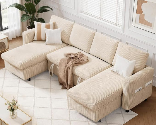 WEUP 106" U Shaped Sectional Sleeper Sofa Bed with Pull Out Bed, Sectional Sleeper Couch Pull Out Couch with Reclining Backrest/Reversible Storage Chaise/USB Ports/Tool-Free Assembly, Corduroy Beige