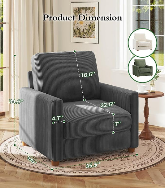 Kidirect 35.5in Oversized Accent Chair, Easy to Assemble Living Room Chairs, Corduroy Reading Chair for Bedroom, 22.5in Deeper Seats Accent Chairs for Living Room, Comfy Armchair Reading Nook, Grey