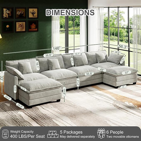 146" Cloud Couch Sectional, U Shaped Modular Sectional Sofa, 4-Seat Deep Seat Couch with 6 Removable Washable Pillows and 2 Ottoman for Living Room, Bedroom, Apartment, Light Grey