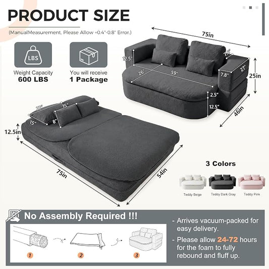75" Boneless Couch Bed,Fold Up Sleeper Sofa for Adults, Memory Foam Floor Couch with 4 Pillows & Blanket, No Assembly Foldable Guest Bed for Apartment,Living Room