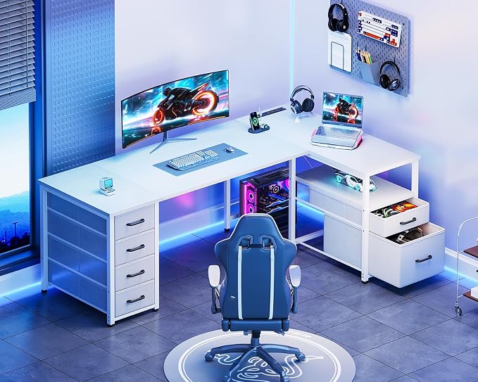 Coleshome L Shaped Computer Desk with 6 Drawers & Power Outlet, 63 Inch Office Desk with Reversible Storage Shelf & File Drawer, Home Office Desk, White