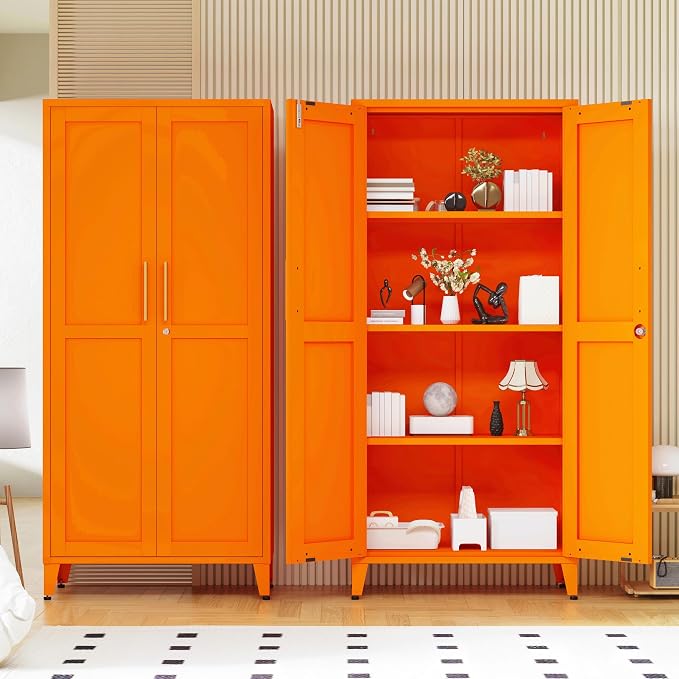 61" Tall Farmhouse Metal Storage Cabinet, Kitchen Pantry Storage Cabinets with 2 Barn Door and 3 Adjustable Shelves, for Home, Office, Kitchen, Laundry Room, Kids Room, Entryway, Orange