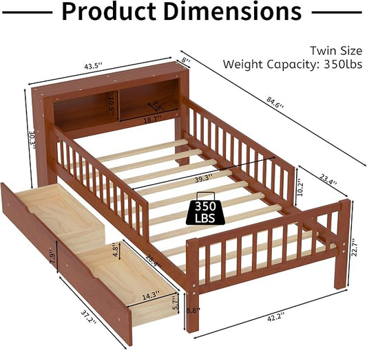 Kids Twin Size Bed Frame with Storage Drawers and Bookcase,Wood Twin Bed Frames for Kids,Twin Bed Frame with Headboard and Footboard for Boys Girls,No Box Spring Needed,Walnut