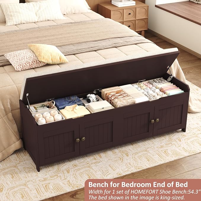 HOMEFORT 54.4" Shoe Bench with Lift Top Storage, Entryway Bench with Cushioned Seat, Wooden End of Bed Bench, Shoe Cabinet Bench with Hidden Storage Space, for Bedroom, Hallway,Espresso