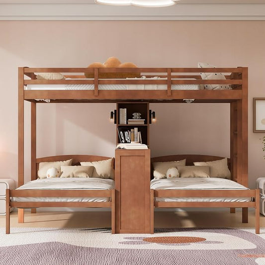 VilroCaz Twin Over Twin & Twin Bunk Bed with Built-in Desk and Storage Shelves, 3 Beds in 1 Design Solid Wood Triple Bunk Bed with Reading Lamp and Guardrails for Kids Teens Aldults (Natural-2.14)