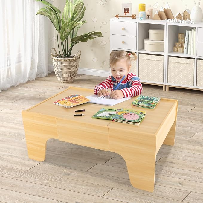 Costzon Train Table, 3-in-1 Wooden Train Set Table w/Reversible 84 PCS Track Train Toys, Table Map & Storage Drawer for Building, Playing, Studying, Kids Activity Table for Toddlers Aged 18 M+