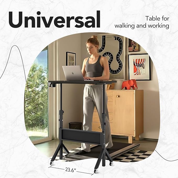 HUANUO Portable Standing Desk Adjustable Height, Mobile Stand Up Desk for Walking Pad and Treadmill, Rolling Computer Table with Wheels, 31.5"x15.75" Height 28.7"-46.1", Black