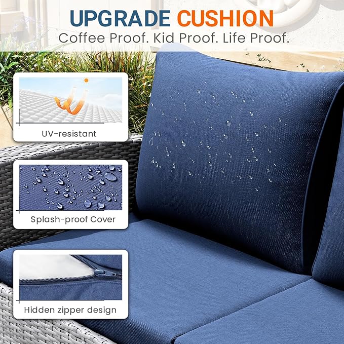 Wisteria Lane Patio Furniture Set, Wicker Outside Outdoor Furniture for All Weather, Patio Sofa with High Backrest Support and Wide Armrest for Backyard, Balcony, Deck, Porch, Navy Blue