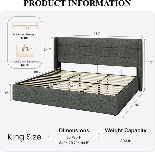 SHA CERLIN King Size Lift Up Storage Bed/Modern Wingback Headboard/Upholstered Platform Bed Frame/Hydraulic Storage/No Box Spring Needed/Wood Slats Support/Dark Grey