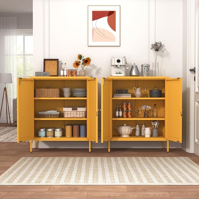 36" H Metal Storage Cabinet with Recessed Door & 2 Adjustable Shelves, Freestanding Metal Sideboard Organizer for Kitchen, Living Room, Entryway, Yellow