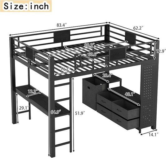 Bellemave Queen Size Loft Bed with Desk and Storage Pegboard, Queen Loft Bed Frame with Storage Drawers, Laundry Hamper and Clothes Hanging Rod, Adults Loft Beds Nosie-Free, Black