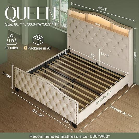 Belffin Queen Size Bed Frame and Headboard, 50.9" Velvet Upholstered Wingback Bedframe with LED Lights & Storage/Charging Station, Button Tufted Tall Footboard, No Box Spring Needed, Noise-Free, Beige