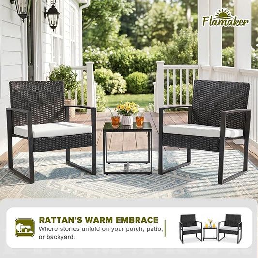 Flamaker 3 Pieces Patio Furniture Outdoor Wicker Modern Rattan Chair Conversation Sets with Coffee Table for Yard, Bistro(White)