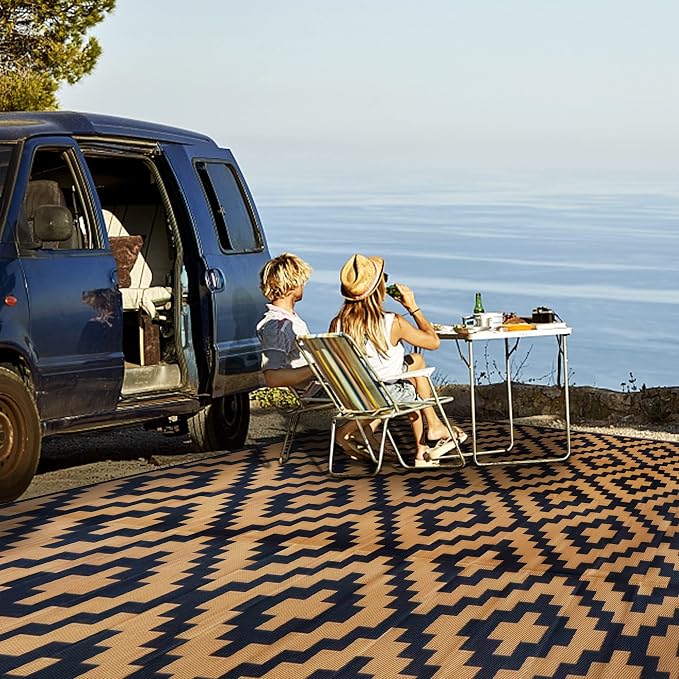 SAND MINE Reversible Mats, Plastic Straw Rug, Modern Area Rug, Large Floor Mat and Rug for Outdoors, RV, Patio, Backyard, Deck, Picnic, Beach, Trailer, Camping, Black & Brown, 9' x 12'