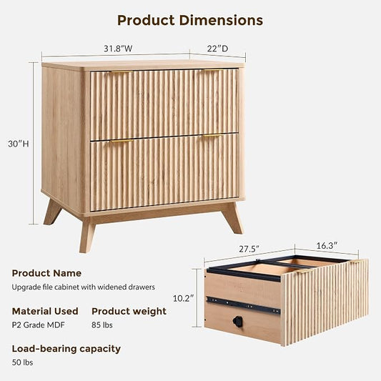 T4TREAM 2 Drawer File Cabinet, 31.8" Fluted Lateral File Cabinet w/Files Hanging Rod for Letter/Legal/A4, Large Tabletop for Printer, Office Wood Printer Cabinets, Natrual Oak