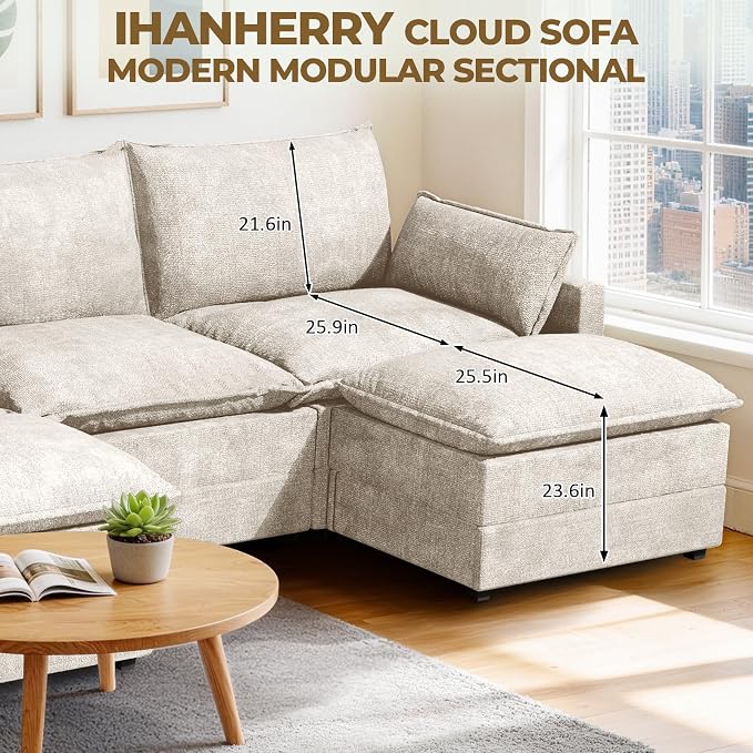 LEVELEVE 112.5" U-Shape Modular Sofa with 2 Ottomans, Deep Seat Cloud Convertible Sleeper, 2 Arm Pillows, Comfortable Upholstered Furniture for Living Room Apartment, Beige