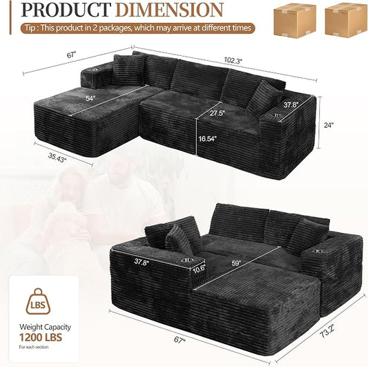 Vongrasig 103" Boneless Sectional Couches for Living Room, L-Shaped Chaise Modular Cloud Couch with Cup Holders on Armrests, Plush Corduroy Comfy Sofa with Memory Foam, No Assembly Required (Black)