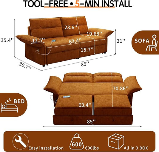 85'' Sofa Bed Full, Assembly, 3 in 1 Sleeper Sofa Beds, Flannel Pull Out Couch for Living Room, Charging & Adjustable Armrest, Comfy Loveseat for Small Space, Flannel Orange