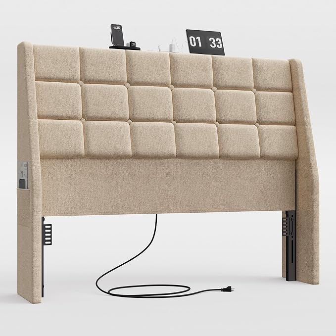 Ergonomic Upholstered Full Size Headboard w/Charging Station, Linen Wingback Headboards w/Storage Pocket, Full Headboard Only, Bed Frame Adapters, Sturdy Solid Wood Bed Head Board, Beige