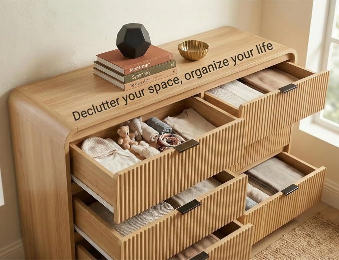 FURSUN Fluted 6 Drawers Dresser for Bedroom, 54" Wide Wooden Dresser with Metal Handle, Curved Profile Design, Modern Storage Organizer for Bedroom, Living Room, Hallway, Natural Oak