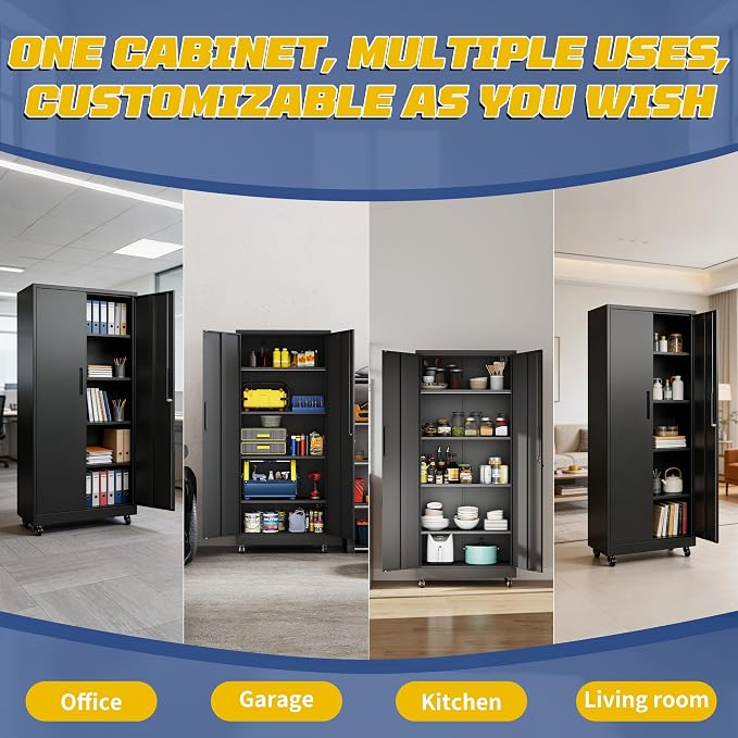 Metal Storage Cabinet with Doors and Adjustable Shelves, 73" Steel Garage Storage Cabinets with Wheels, Locking Tool Cabinet Utility Cabinets for Garage,Bathroom,Kitchen,Home Office,School