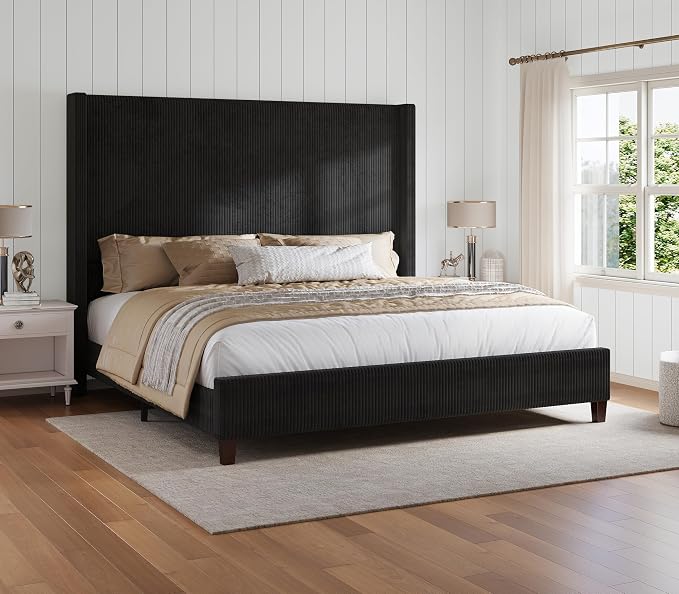 HOWE Queen Bed Frame with 61.4" Extra Tall Headboard, Corduroy Upholstered Bed with Vertical Wingback Headboard, No Box Spring Needed/Noise Free/Solid Wood Slats & Legs/Black
