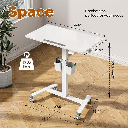 35" Glass Mobile Standing Desk with 90° Tilt, Rolling Whiteboard on Wheels | Height Adjustable Portable Drafting Table with Storage, Small Foldable Laptop Desk for School Home Office, White
