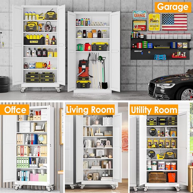 PAOFIN 75''H Metal Garage Storage Cabinet with Wheels,Steel File Cabinets with 2 Doors and 5 Adjustable Shelves for Home Office, Warehouse, Required Assembly,White