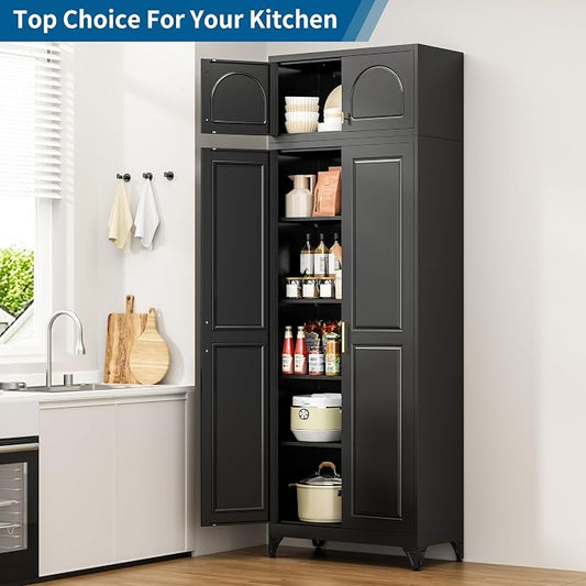 90" Tall Black Metal Storage Cabinet with 2 Doors and 4 Adjustable Shelves, Heavy Duty Steel Pantry Cabinet for Garage, Kitchen, Extra Large Industrial Cupboard (2 Packages)
