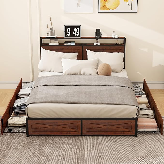 Zevemomo Full LED Bed Frame with 6 Storage Drawers, Farmhouse Headboard w/Charging Ports Station, Full-Size Platform Bed Frame No Box Spring Needed, Metal Structure & Wood Boards, Rustic Bed Frames