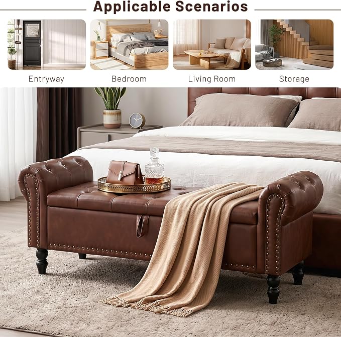 Furniliving 51” End of Bed Storage Bench, Bedroom Bench with Button-Tufted, Upholstered Storage Ottoman Benches Window Bench with Storage, Leather Bench for Living Room, Entryway, PU, Darkbrown