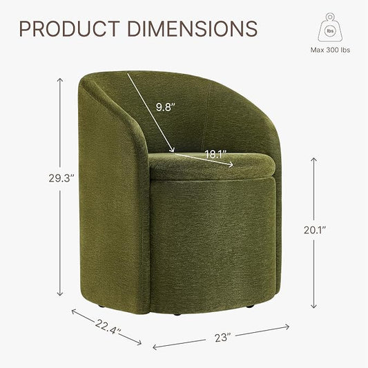 KISLOT Upholstered Dining Chairs with Casters, No Assembly Rolling Modern Dining Room Chairs with Hidden Storage & Barrel Backrest, Accent Chair for Bedroom, Living Room, Dressing, Green, Set of 1