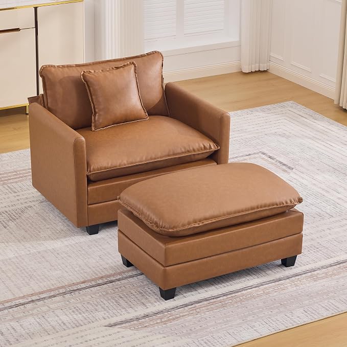 WUTUTUEE 35'' Modern Leather Cloud Sofa Ottoman,Rectangle Ottoman for Modular Sectional Sofa, Leather Light Brown
