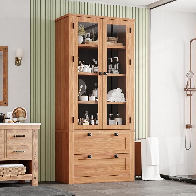 71" Tall Kitchen Pantry Cabinet - Modern Display Storage Cabinet with 2 Large Drawers, Glass Doors, and Adjustable Shelves, Farmhouse Kitchen Cupboard for Dining Room, Bathroom, Living Room, Walnut