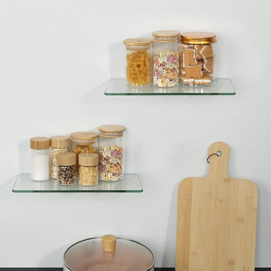 SAYAYO Glass Floating Shelves for Wall, Tempered Glass Shelves for Bathroom, Living Room, Bedroom, Office, Toilet, Kitchen Decor, 12 Inch Set of 2, Clear
