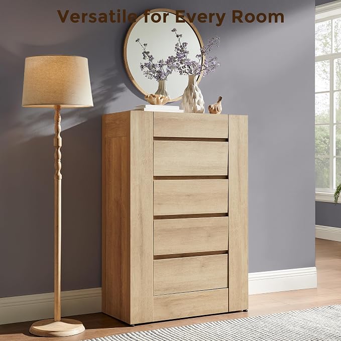 OKD 5 Drawer Dresser for Bedroom, 48" Tall Dresser Chest of Drawers with Thick Wood Design, Handleless, Modern Bedroom Dresser, Storage Organizer for Living Room/Entryway, Natural Oak