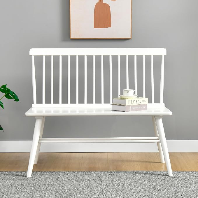 DUHOME Entryway Dining Bench with Spindle Back Farmhouse Wood Windsor Bench for Foyer Balcony Living Room White